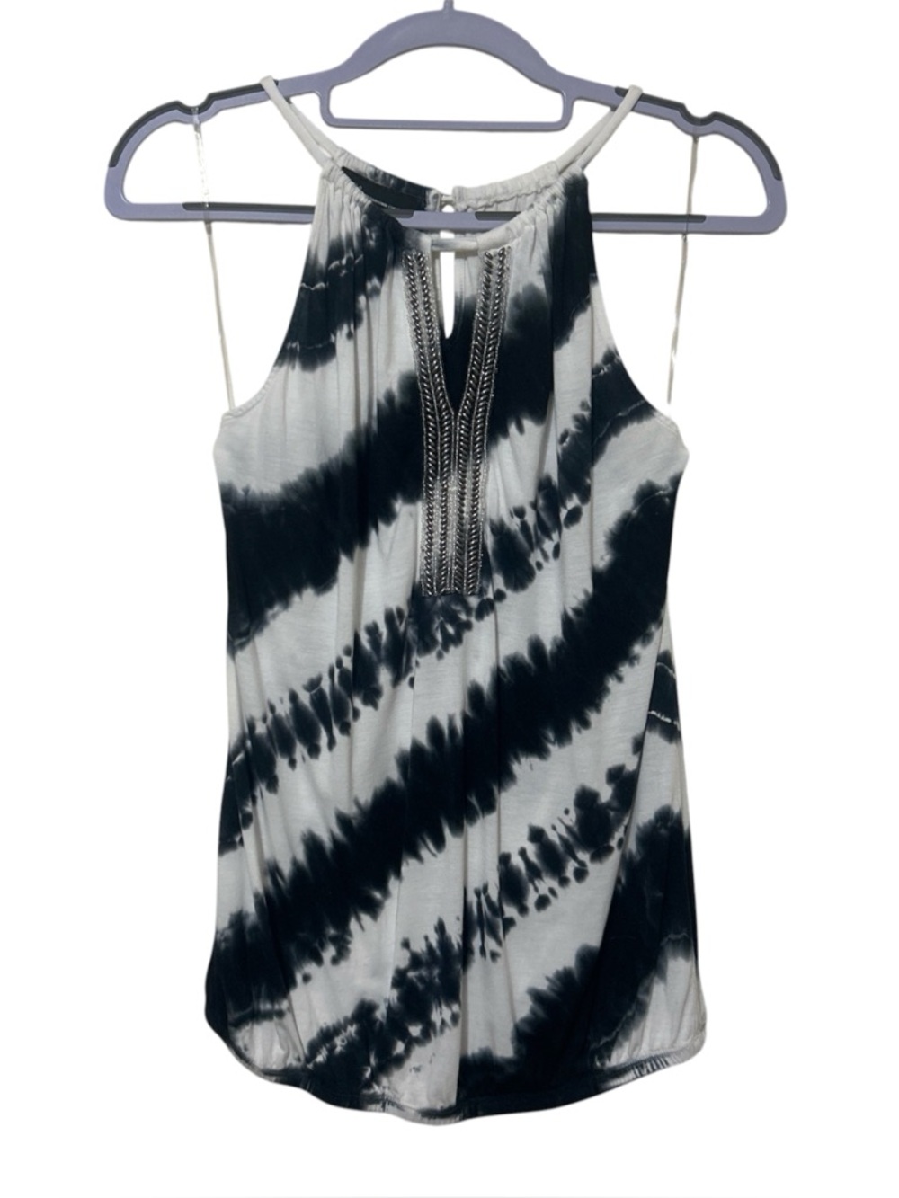 INC International Concepts Black & White Tie Dye Beaded Halter Top